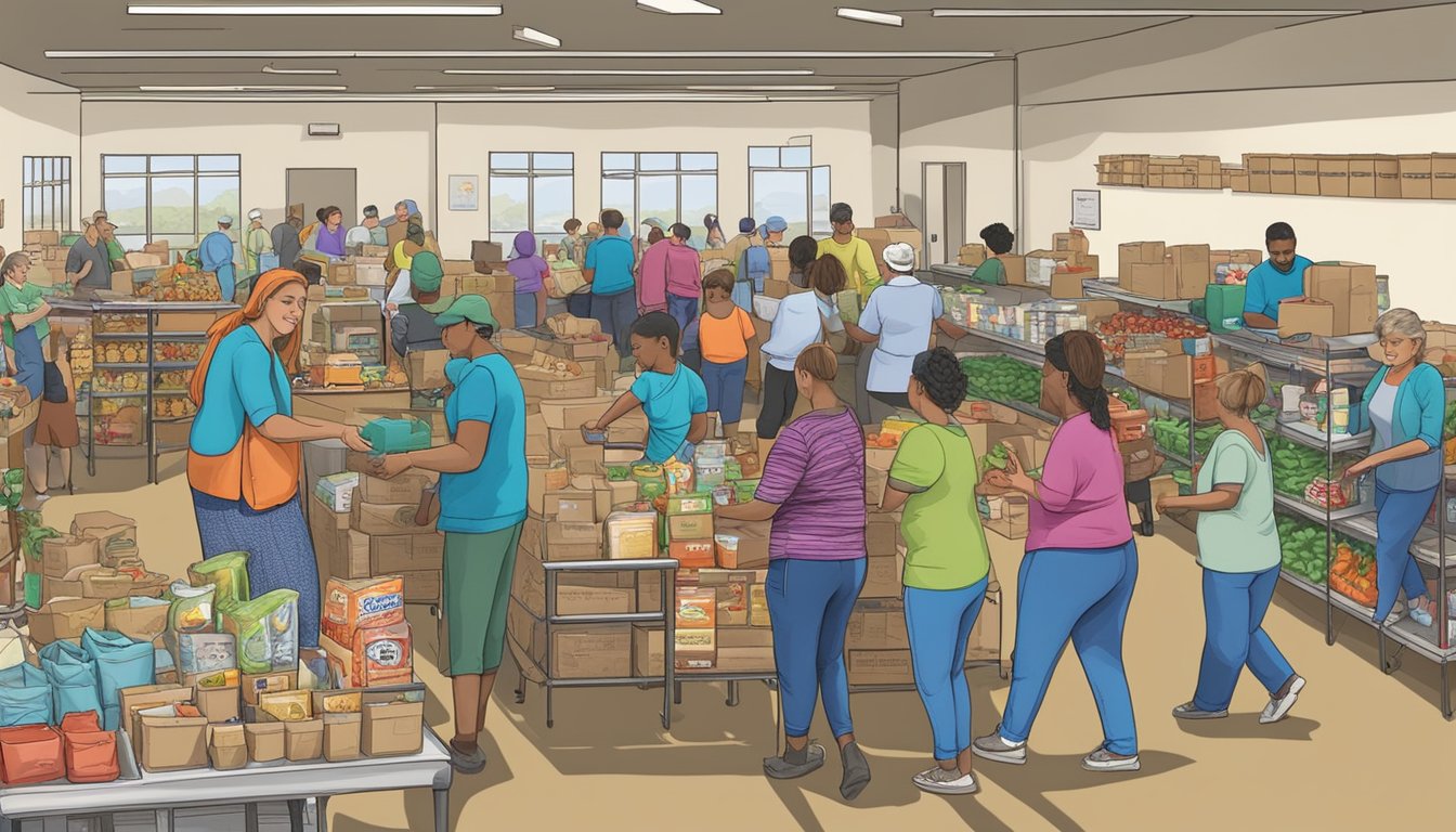 A bustling food pantry in Bandera County, Texas, with volunteers distributing free groceries to low-income households in need