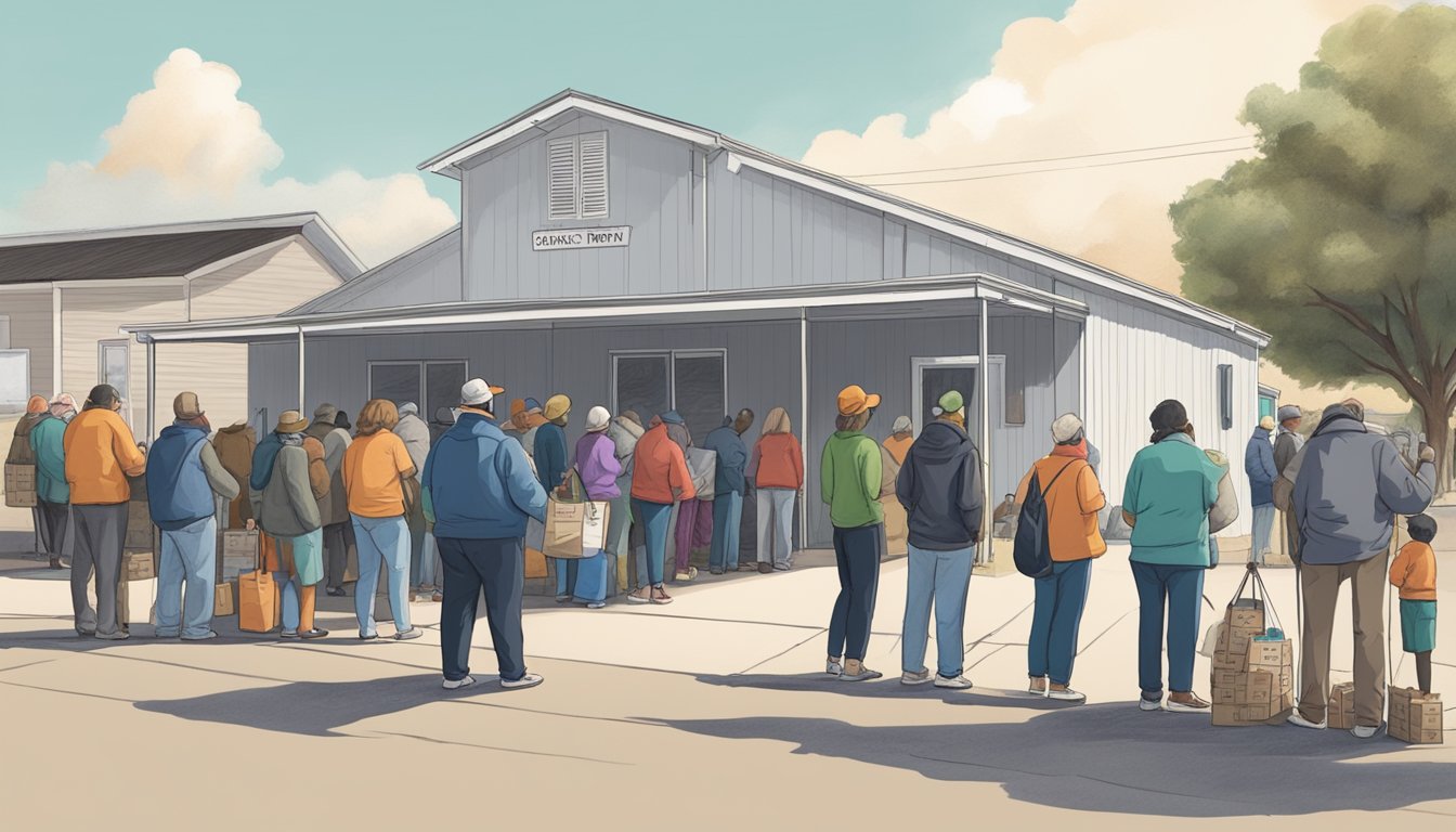 A line of people waits outside a small food pantry in Carson County, Texas. Volunteers hand out bags of groceries to those in need