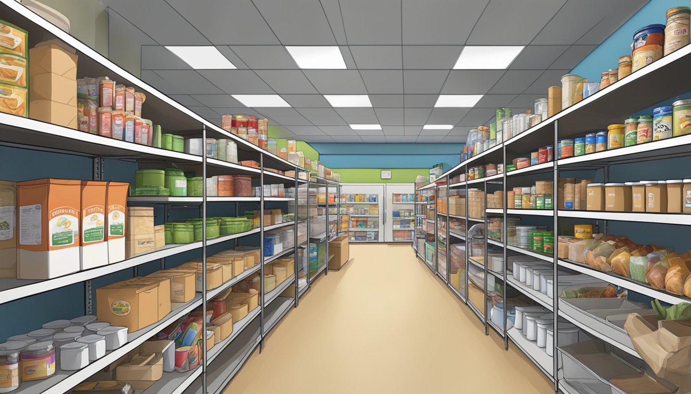 A bustling food pantry in Bandera County, Texas, with shelves stocked with various food options and volunteers helping those in need