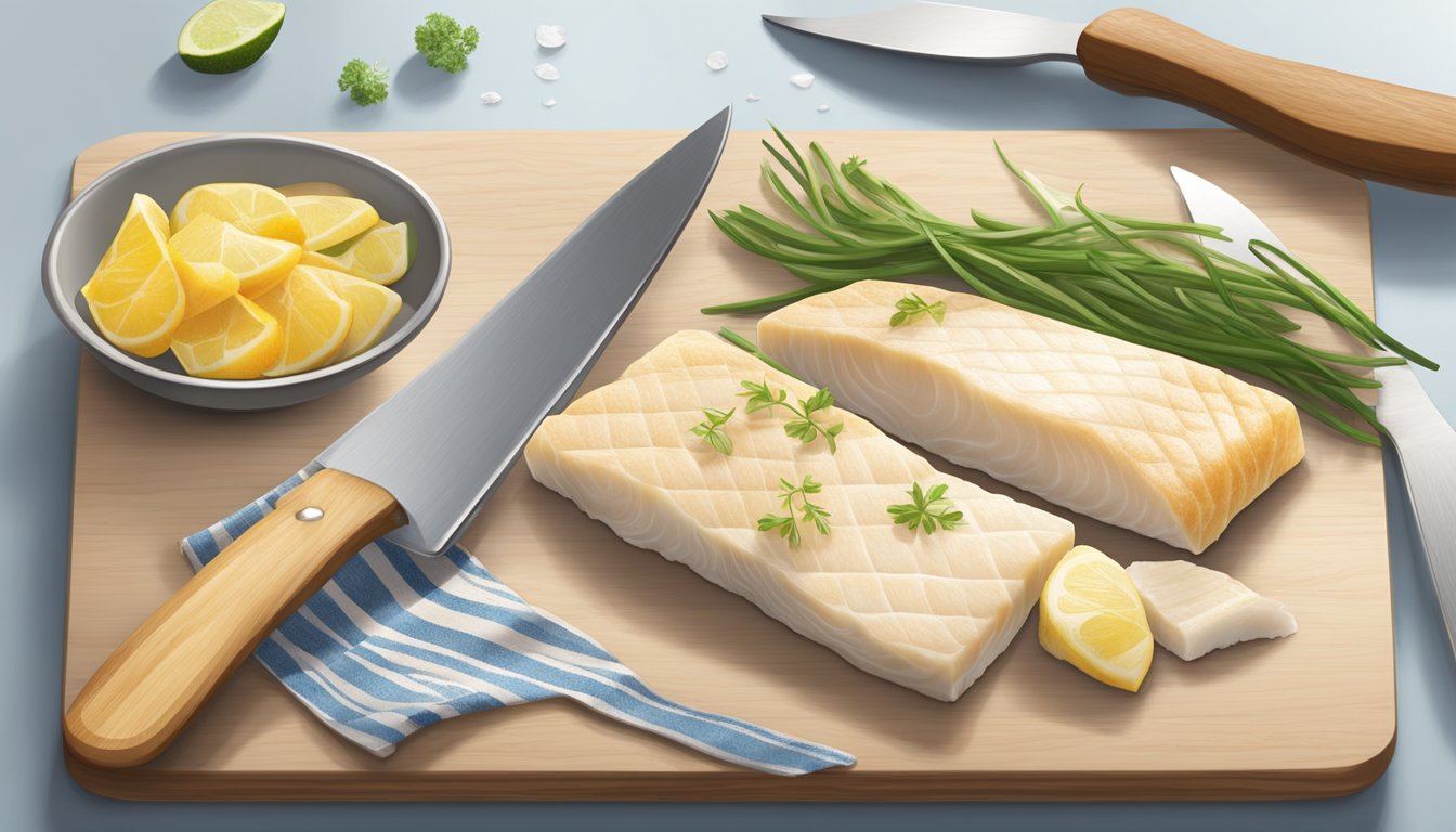 A side-by-side comparison of frozen and fresh cod fillets on a cutting board, with a fork tasting and comparing the texture and quality of each