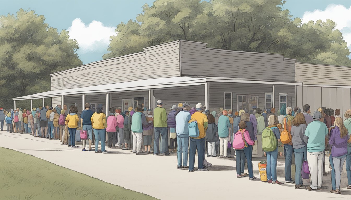 A line of people waits outside a food pantry in Cherokee County, Texas, as volunteers distribute free groceries to those in need