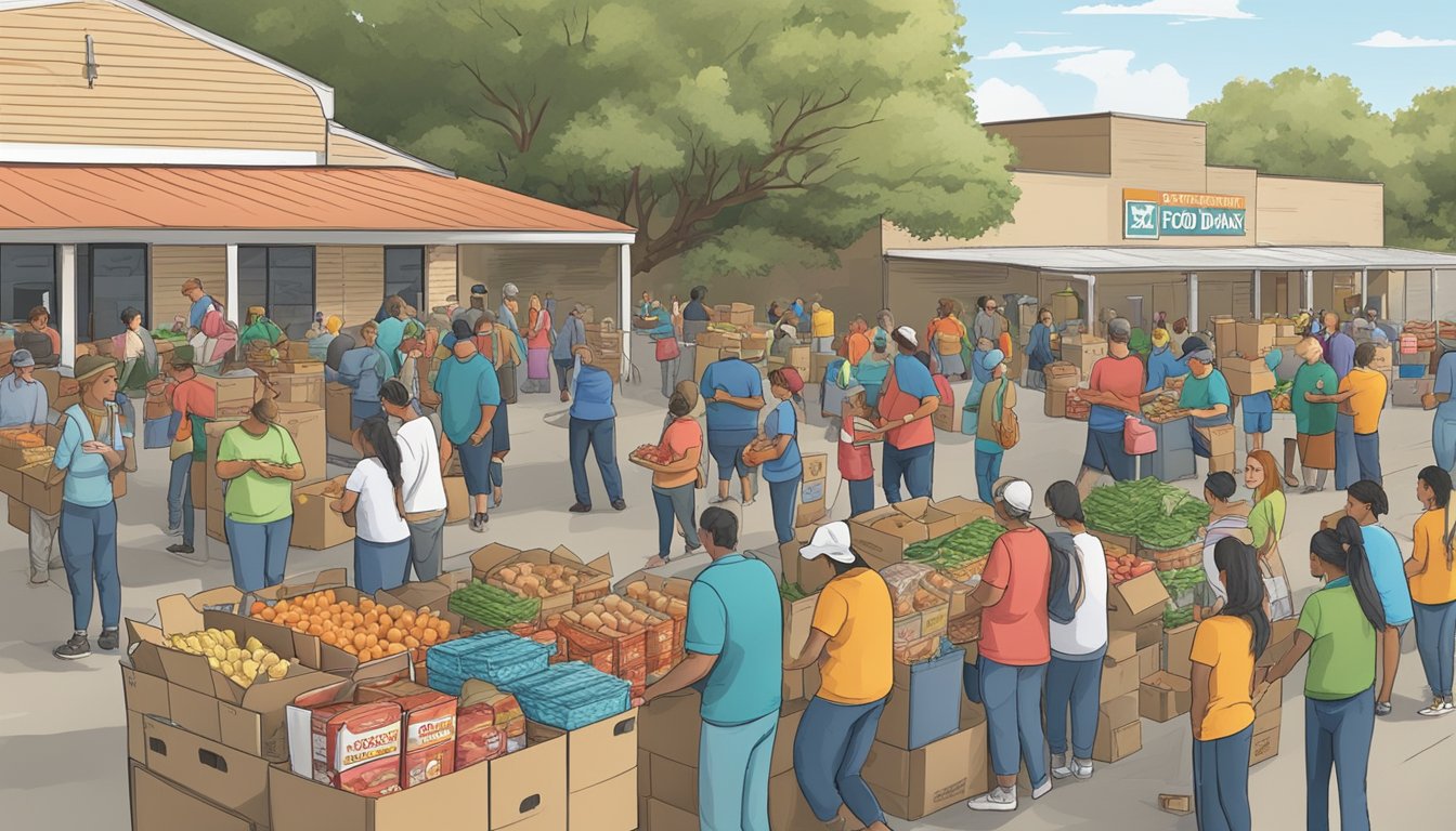 A bustling food distribution event at the San Antonio Food Bank in Bandera County, Texas, with volunteers handing out free groceries to those in need