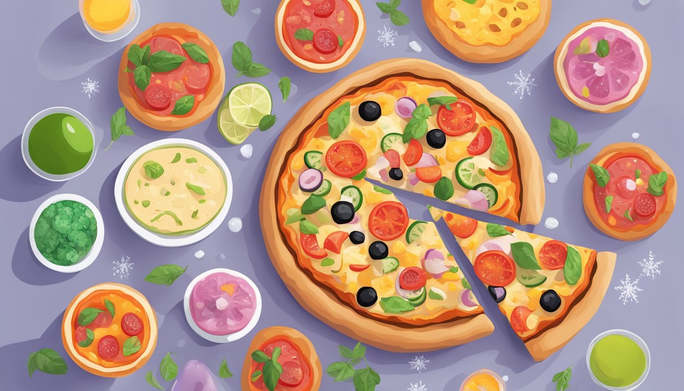 A fresh pizza with colorful, vibrant toppings sits next to a frozen pizza in its packaging. The fresh pizza exudes a sense of freshness and health, while the frozen pizza appears more processed and artificial