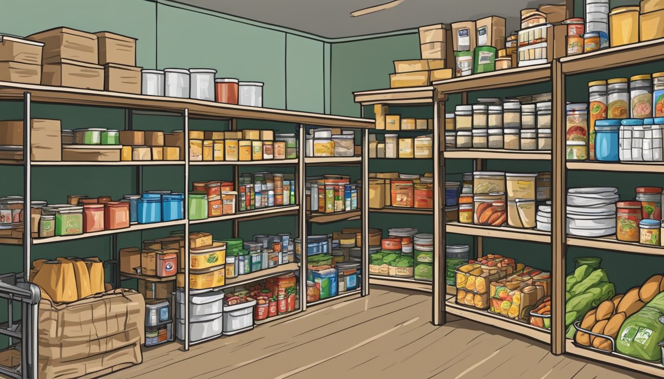 A bustling food pantry in Bandera County, Texas, with shelves stocked with a variety of groceries and food items, ready to be donated to those in need