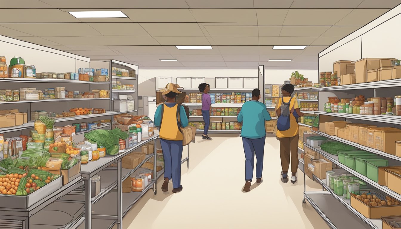 A bustling food pantry in Carson County, Texas, with diverse individuals receiving free groceries and specialized food services to meet their unique needs