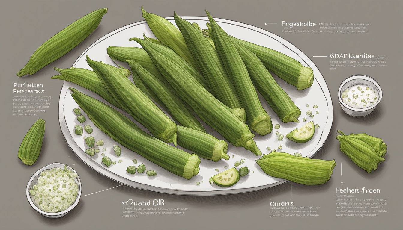 A table with fresh and frozen okra side by side, showcasing their different textures, colors, and nutritional content