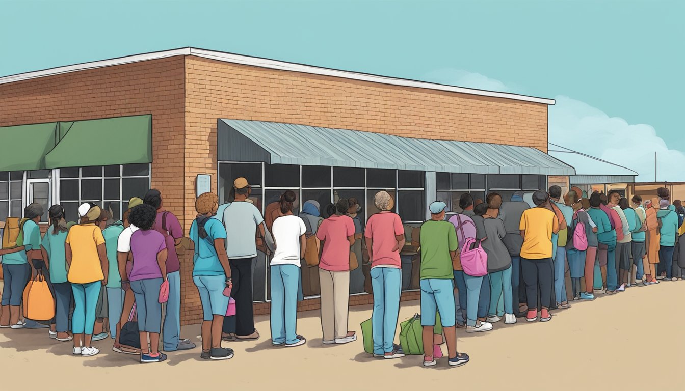 A line of people waits outside a small food pantry in Archer County, Texas. Volunteers hand out bags of groceries to those in need