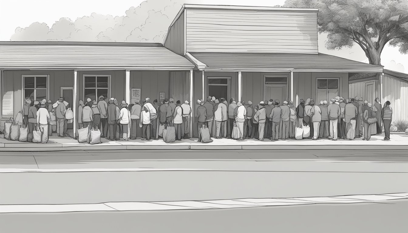 A line of people wait outside a small building in Carson County, Texas. Volunteers hand out bags of groceries and food items to those in need