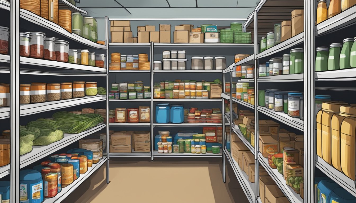 A bustling food pantry with shelves stocked full of canned goods, fresh produce, and essential items for those in need in Archer County, Texas