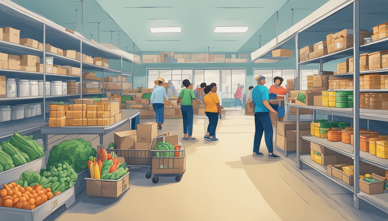 A bustling food pantry in Archer County, Texas, with volunteers distributing free groceries to those in need