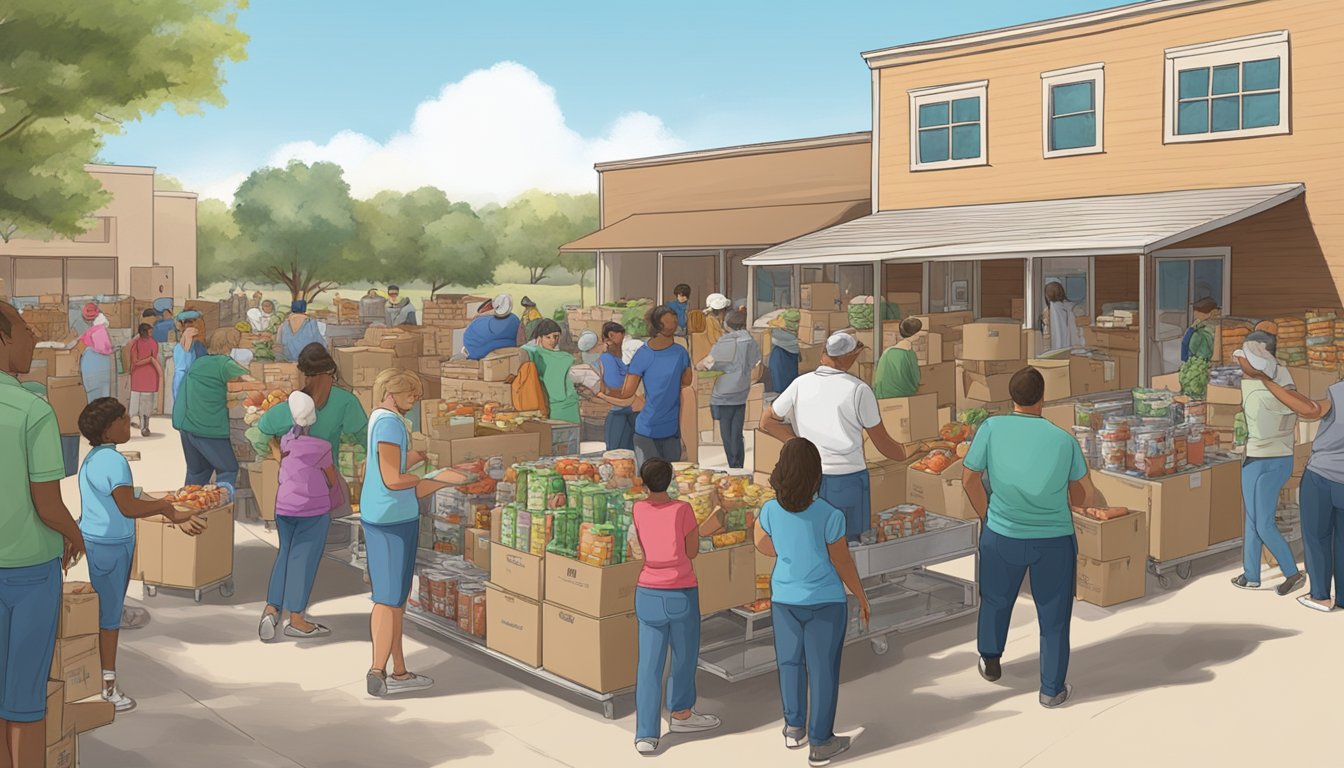 A bustling food pantry in Archer County, Texas, with volunteers distributing free groceries to those in need