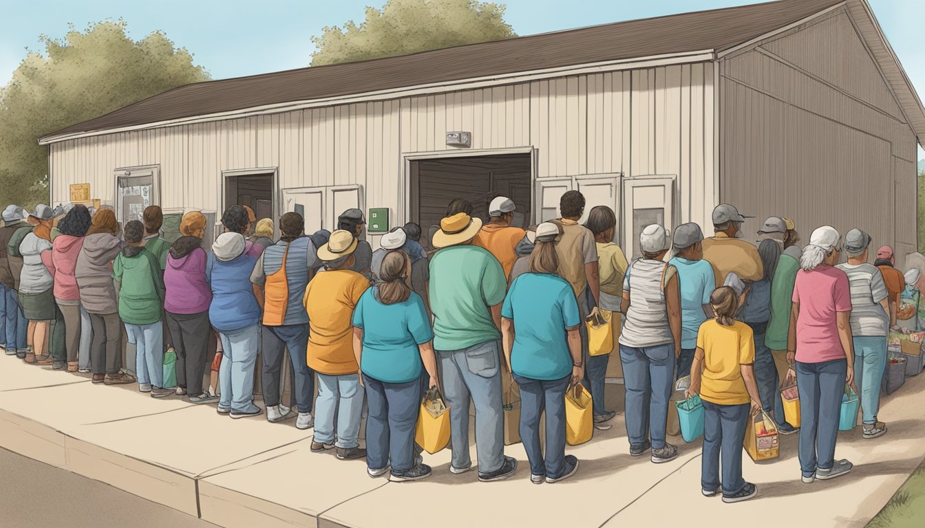 A line of people waiting outside a food pantry in Archer County, Texas. Volunteers hand out free groceries to those in need