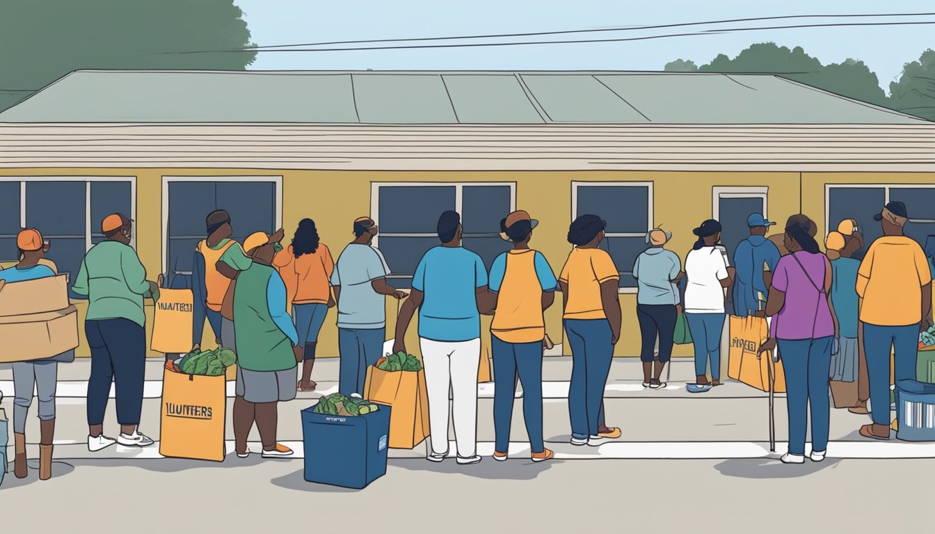 A line of people wait outside a food pantry in Chambers County, Texas. Volunteers distribute free groceries to those in need