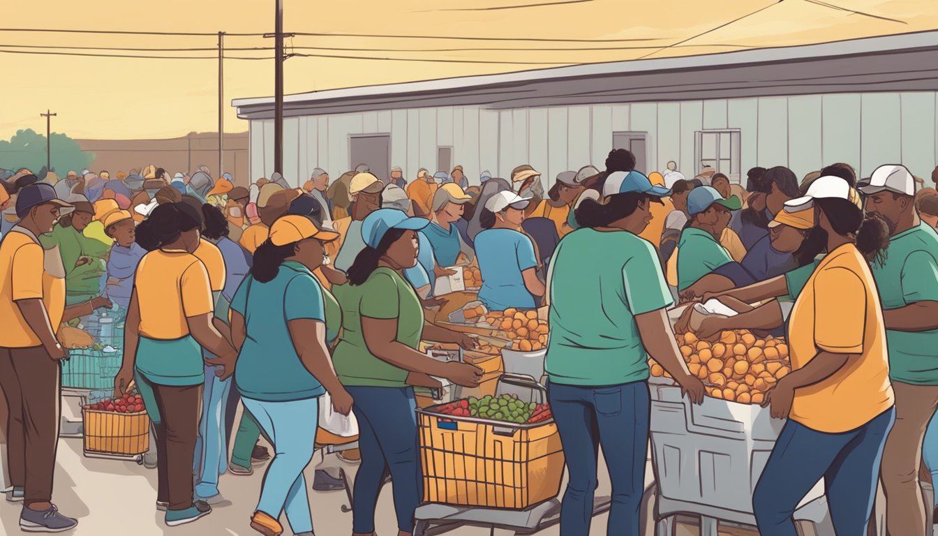 A bustling food distribution event in Archer County, Texas, with volunteers handing out free groceries and seasonal food items to those in need