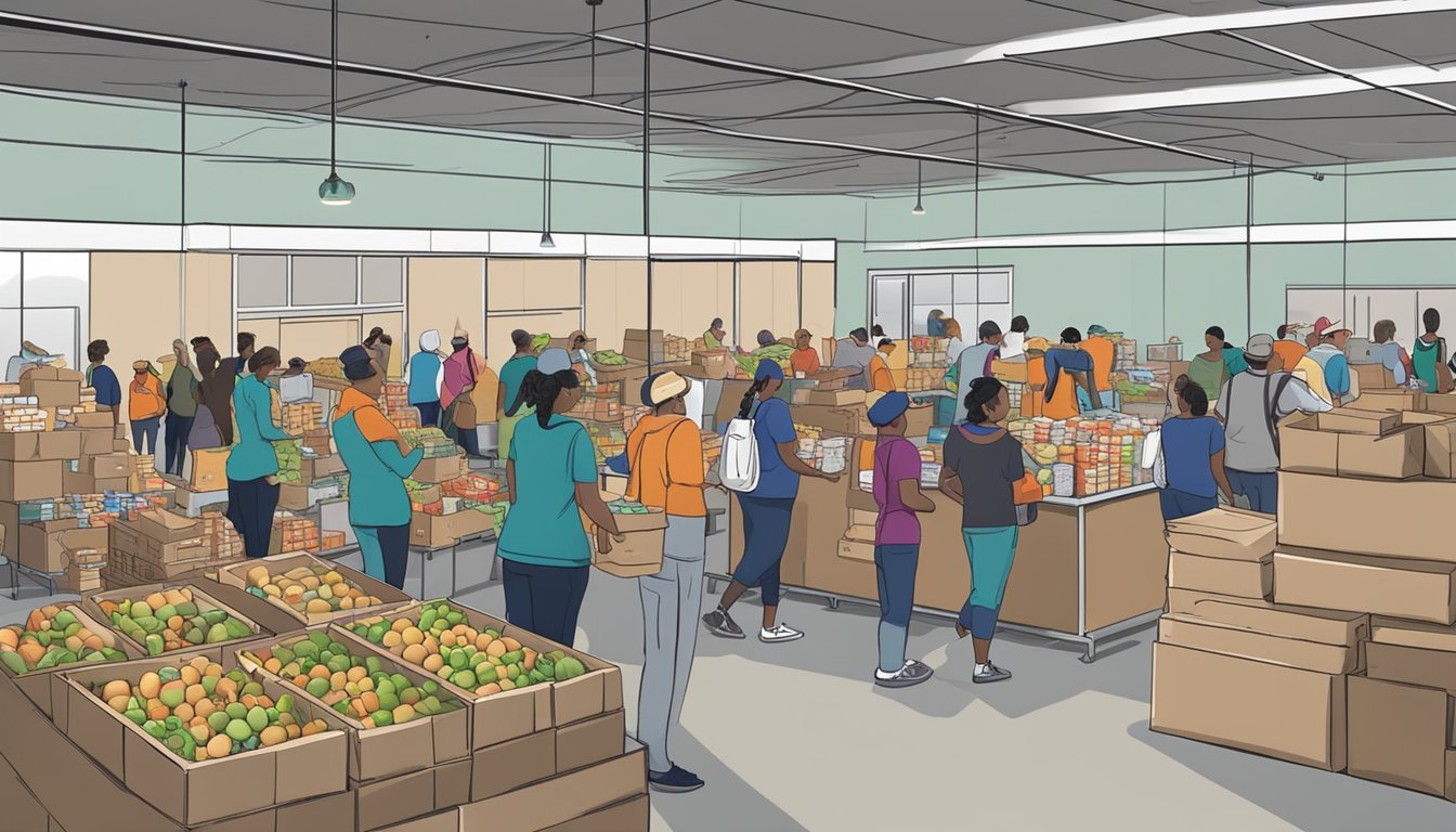 A bustling food pantry in Chambers County, Texas, with volunteers distributing free groceries to families and individuals in need