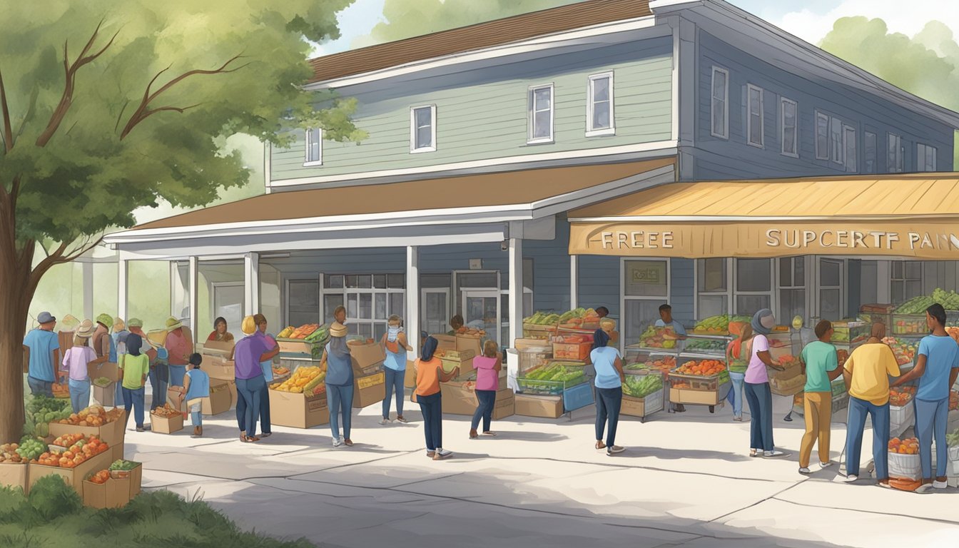 A community center in Cherokee County, Texas, bustling with people receiving free groceries and food pantry support as part of a nutritional education and support program