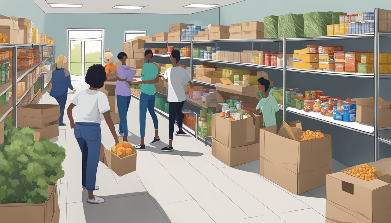 A bustling food pantry in Chambers County, Texas, with volunteers distributing free groceries to those in need