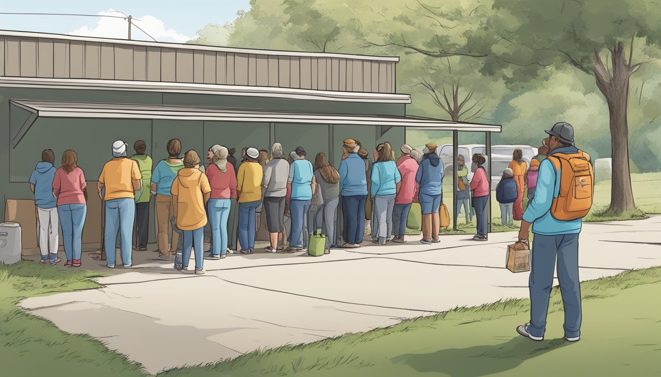 A line of people waits outside a food pantry in Cherokee County, Texas. Volunteers hand out free groceries to those in need