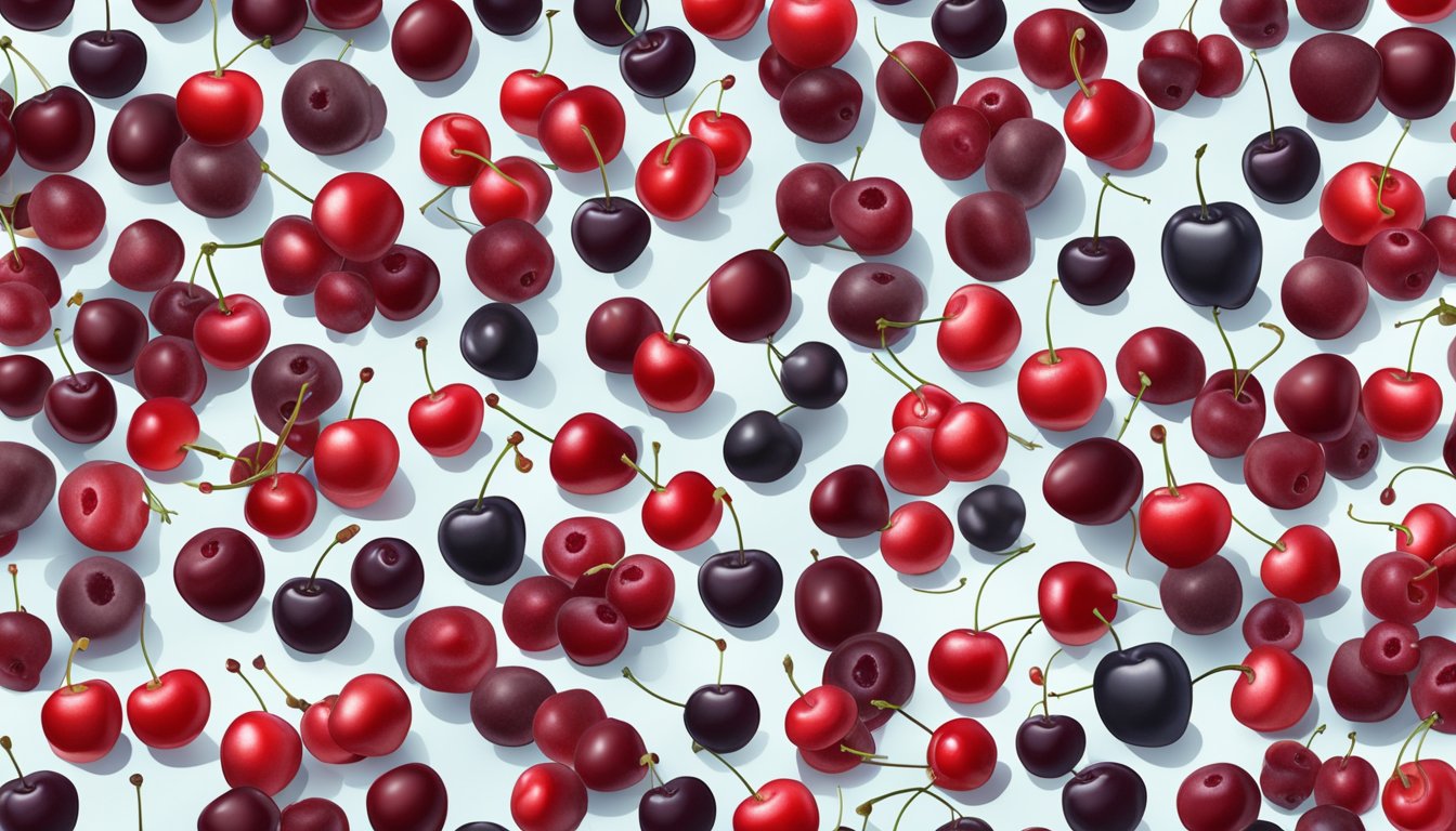 A pile of frozen cherries next to a heap of fresh cherries, showing differences in texture and color. Nutritional information and various recipe ideas scattered around