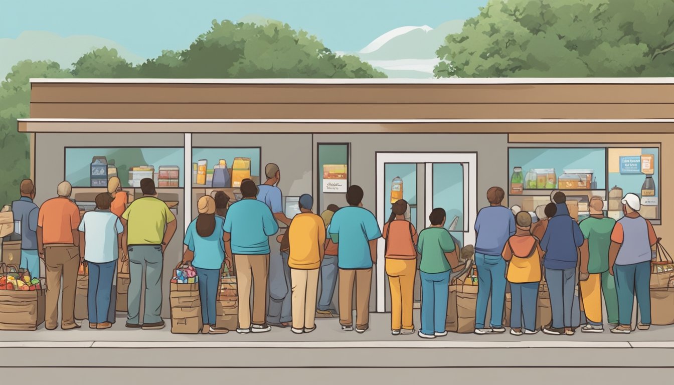 A line of people waits outside a food pantry in Cherokee County, Texas. Volunteers distribute groceries and supplies to those in need