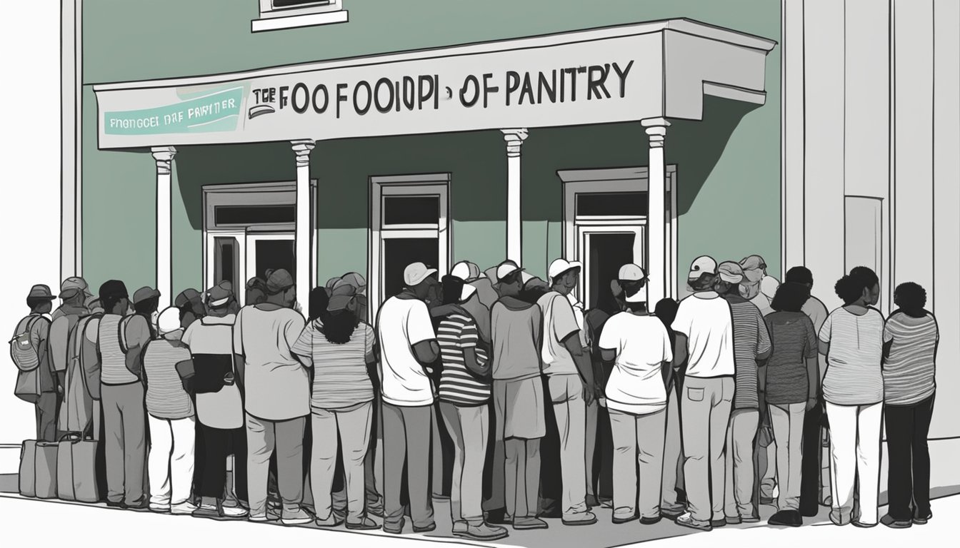 A line of people waiting outside a food pantry in Chambers County, Texas. Volunteers distribute free groceries to those in need