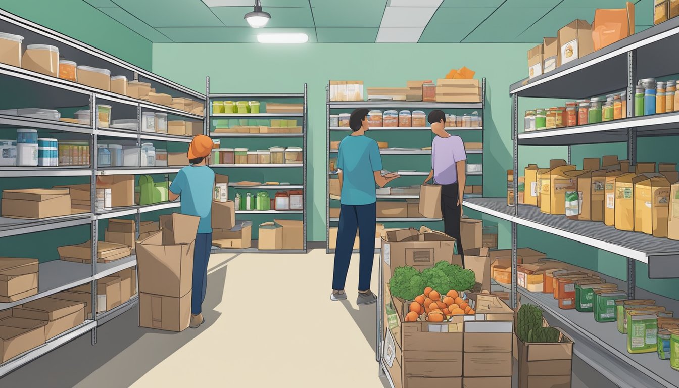 A bustling food pantry in Chambers County, Texas, with shelves stocked full of free groceries and volunteers assisting those in need