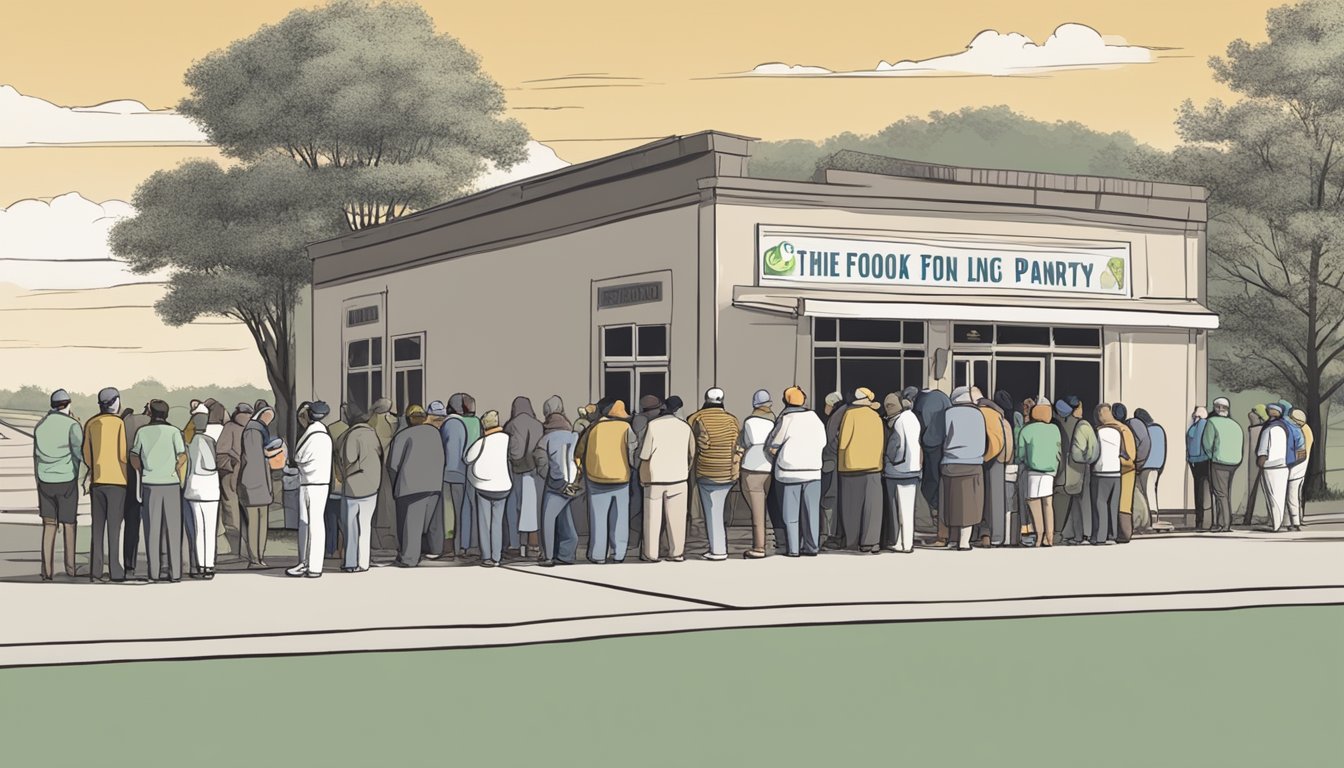 People waiting in line outside a food pantry in Cherokee County, Texas. Volunteers distributing free groceries to those in need