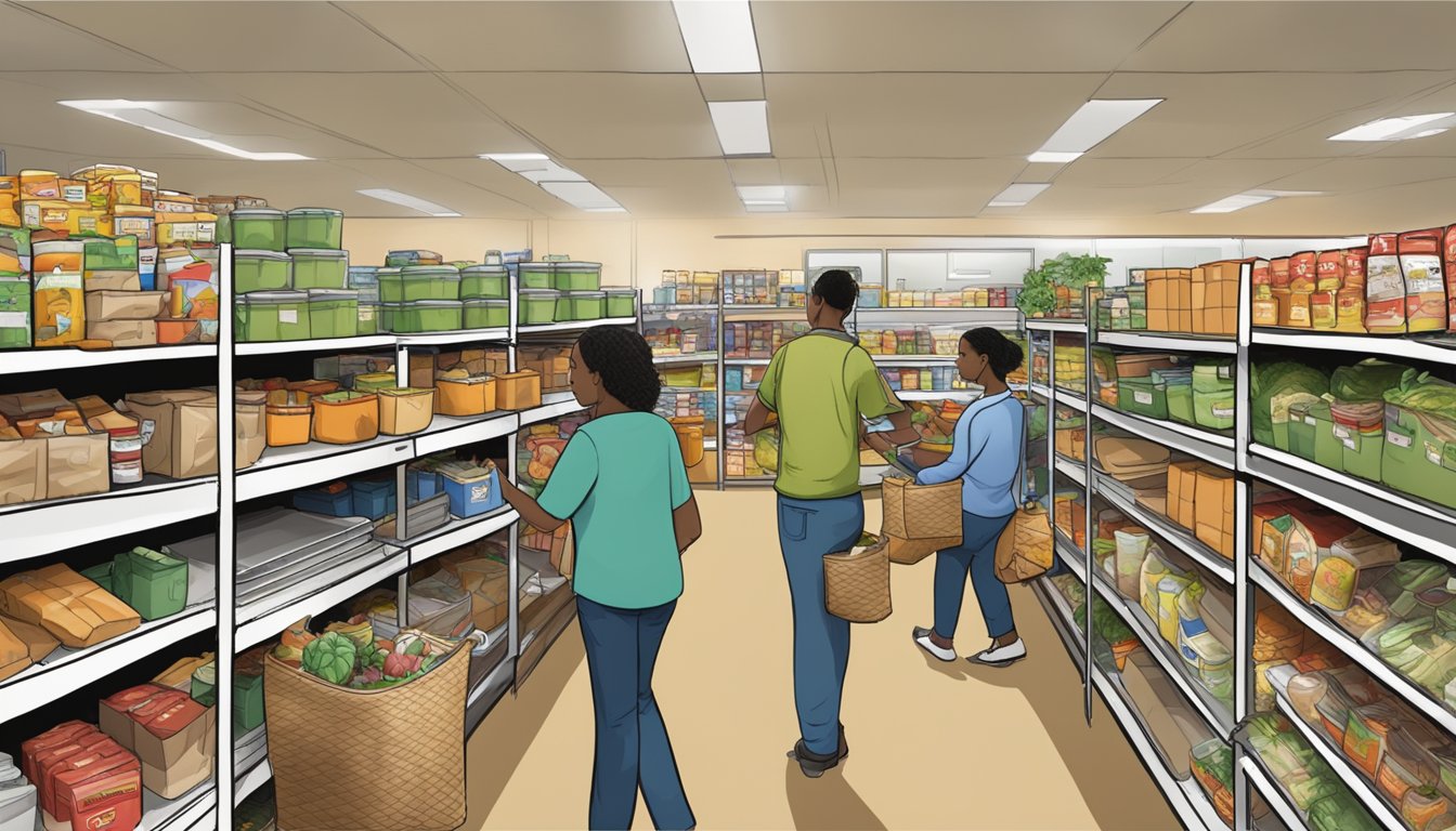 A bustling food pantry in Archer County, Texas, with people receiving free groceries and using technology to navigate food assistance