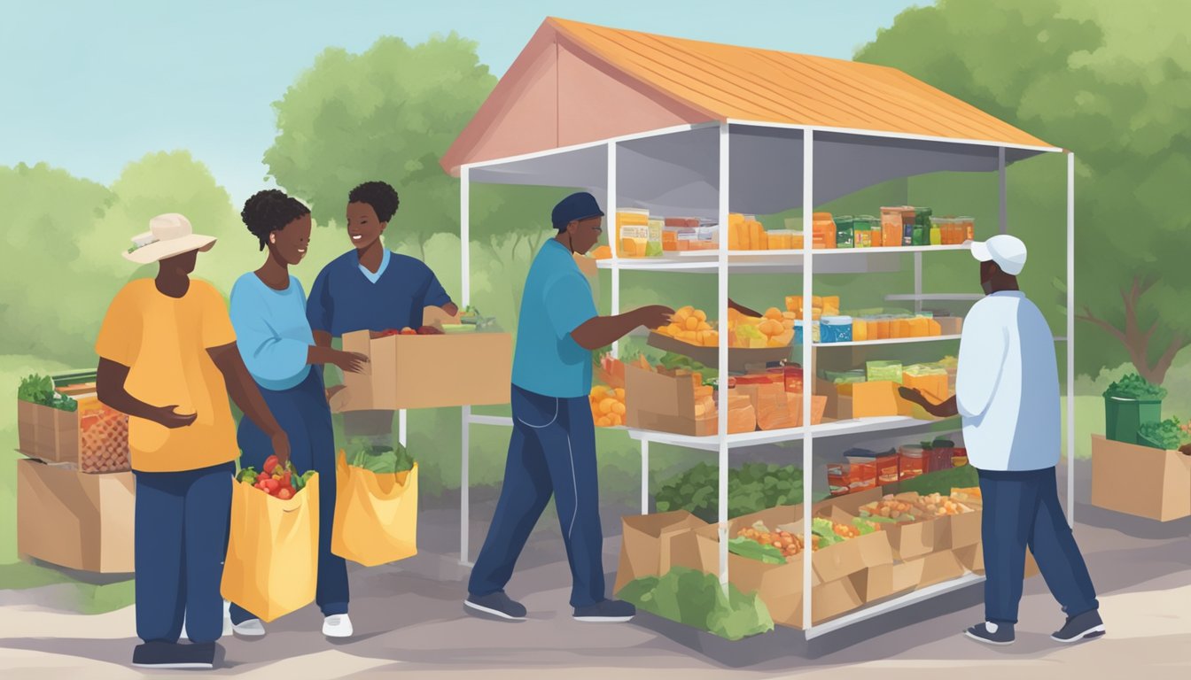 People receiving free groceries at a food pantry in Clay County, Texas