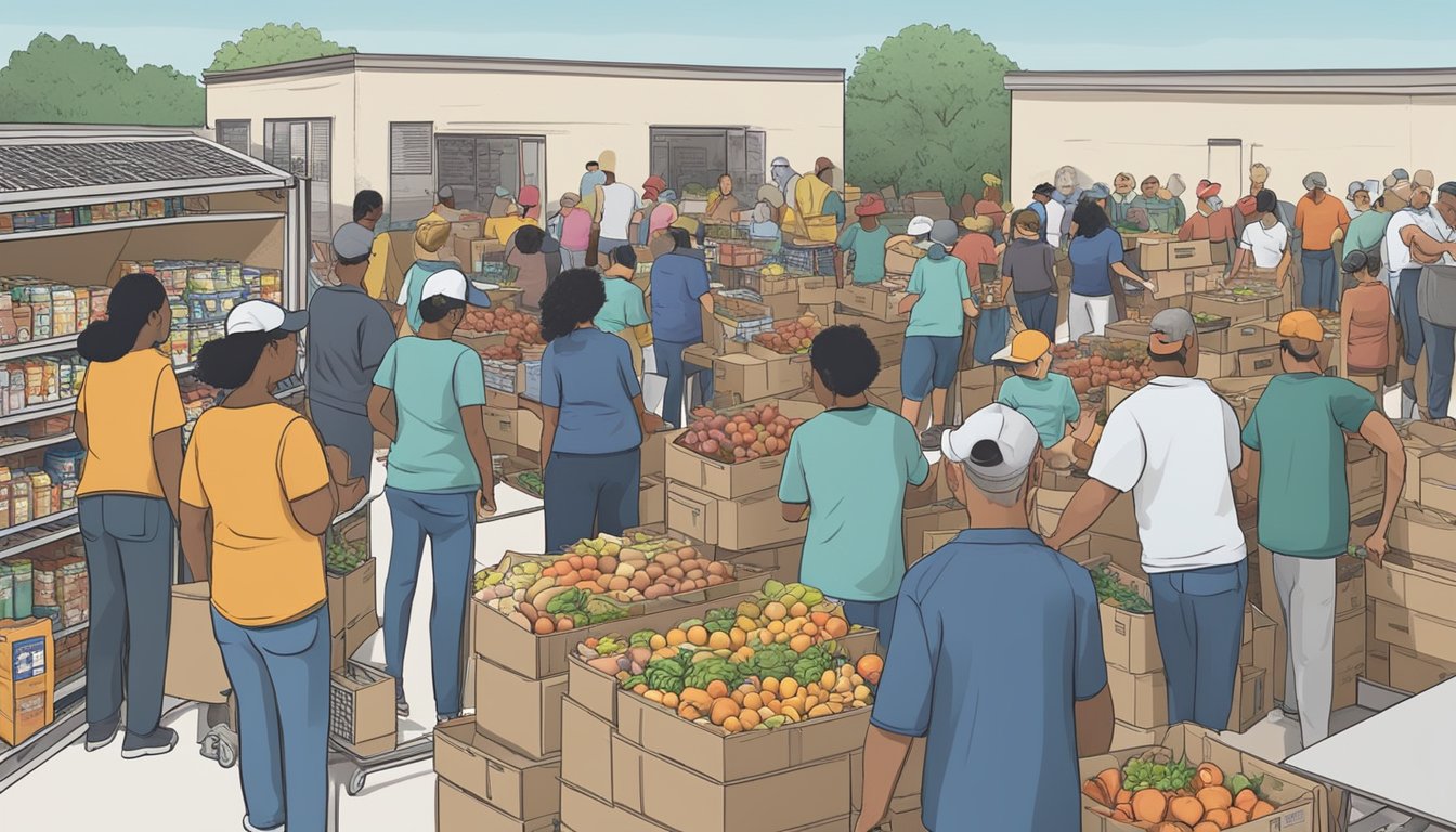 A bustling food pantry in Cochran County, Texas, with volunteers distributing free groceries to those in need