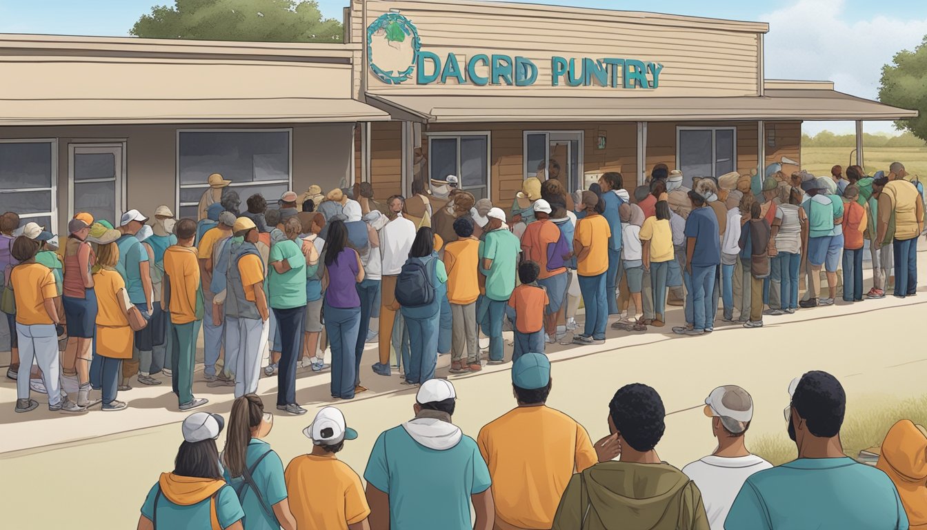 A line of people waiting outside a food pantry in Archer County, Texas, with volunteers distributing free groceries for disaster relief and emergency situations