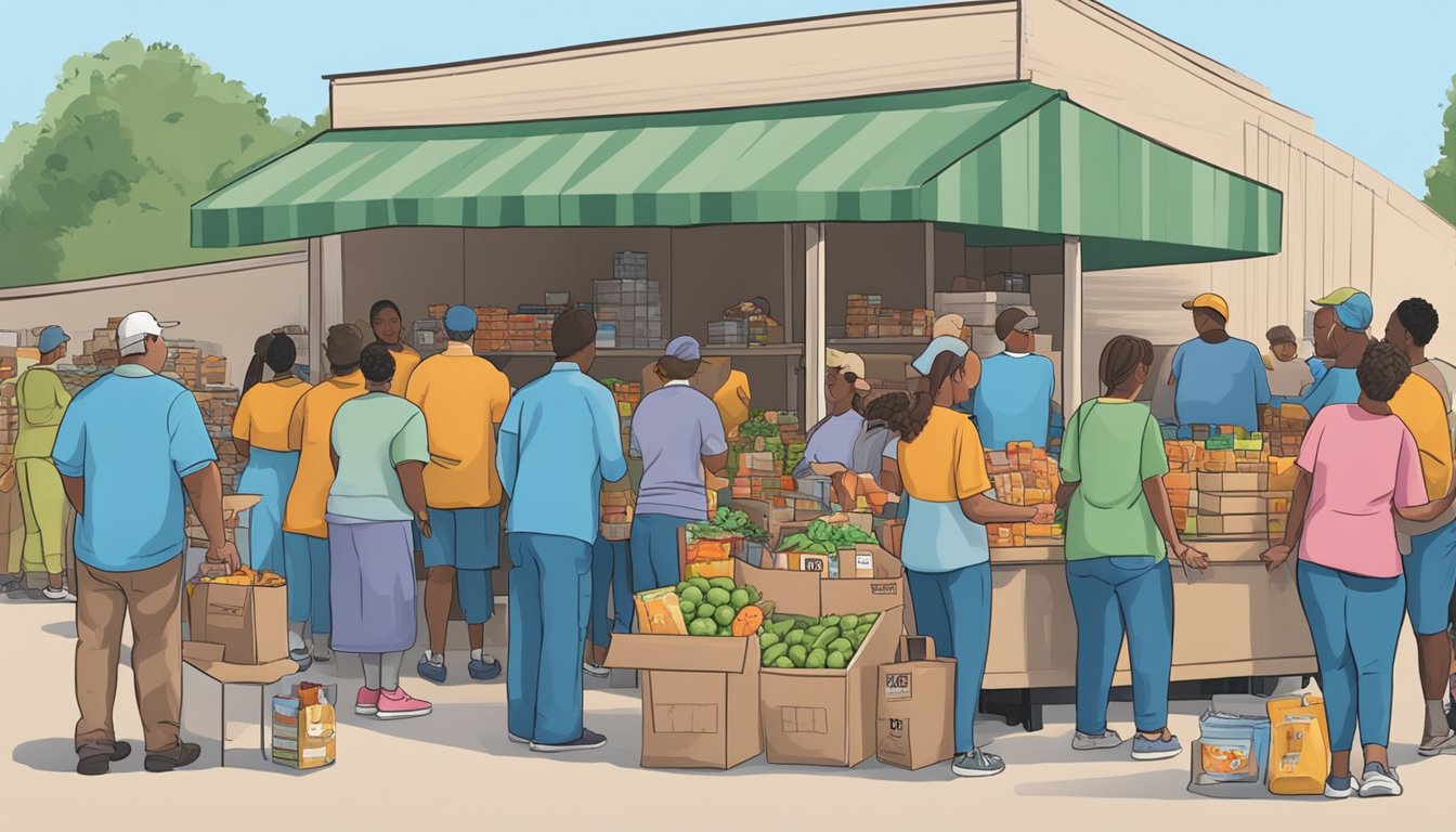 A bustling food pantry in Clay County, Texas, with volunteers distributing free groceries to those in need