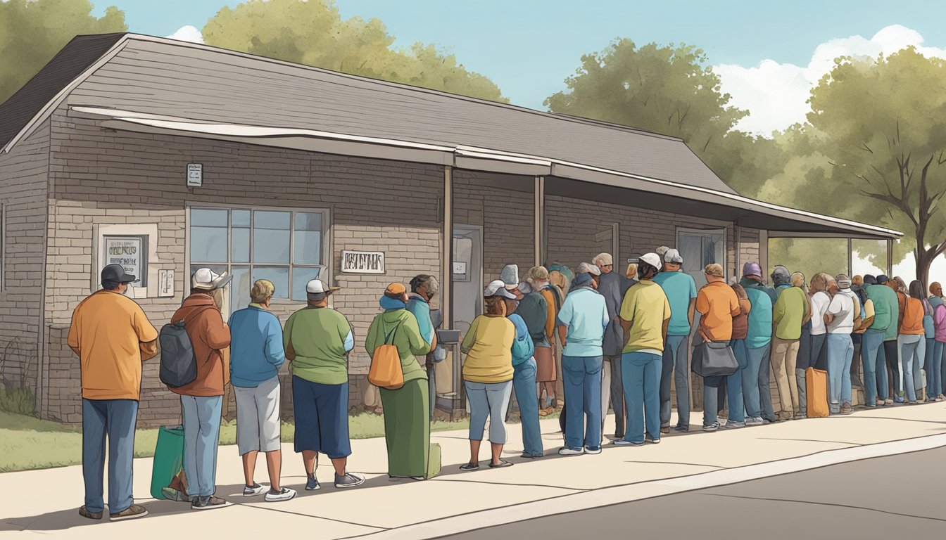 A line of people waits outside a food pantry in Cochran County, Texas, as volunteers distribute free groceries to those in need