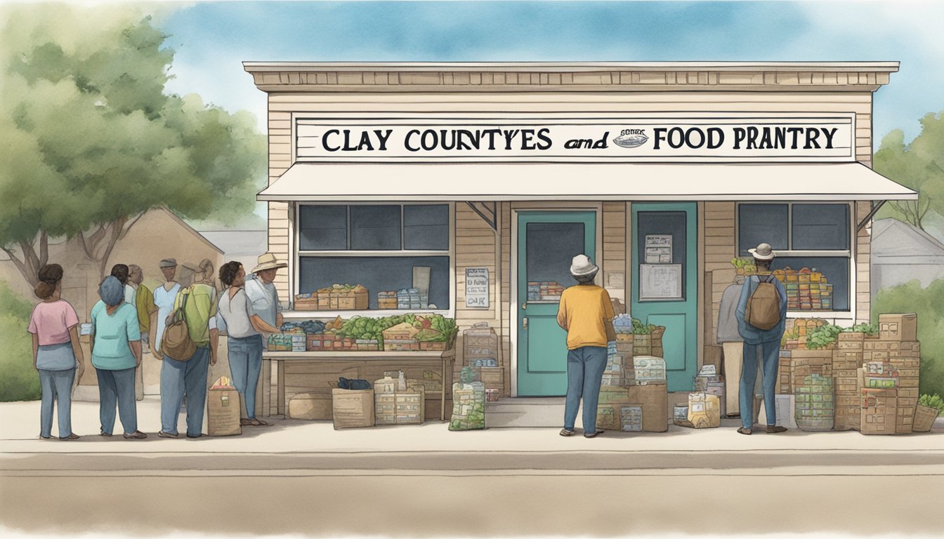 A line of people waiting outside a small building, bags of groceries in hand. A sign above the entrance reads "Clay County Texas Free Groceries and Food Pantry."