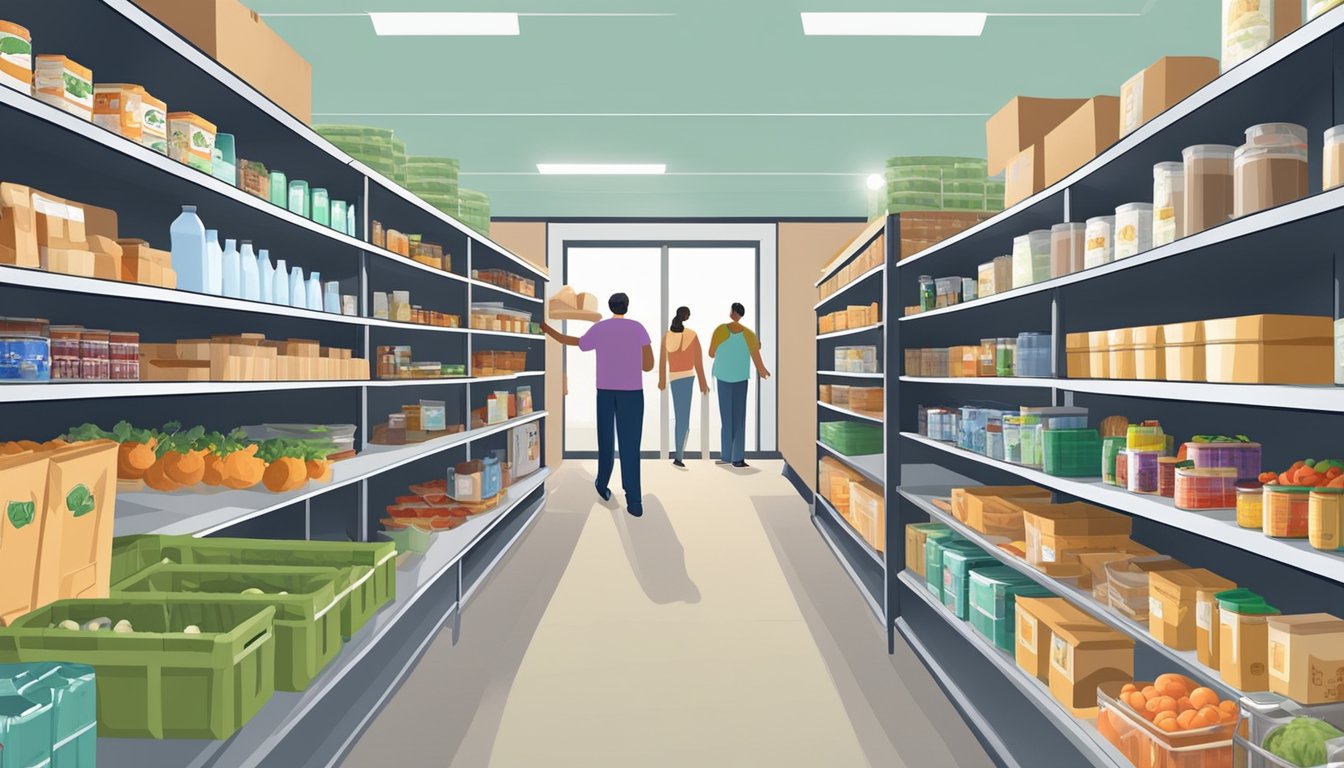 A bustling food pantry in Cochran County, Texas, with shelves stocked full of free groceries and volunteers providing nutritional support and education to those in need