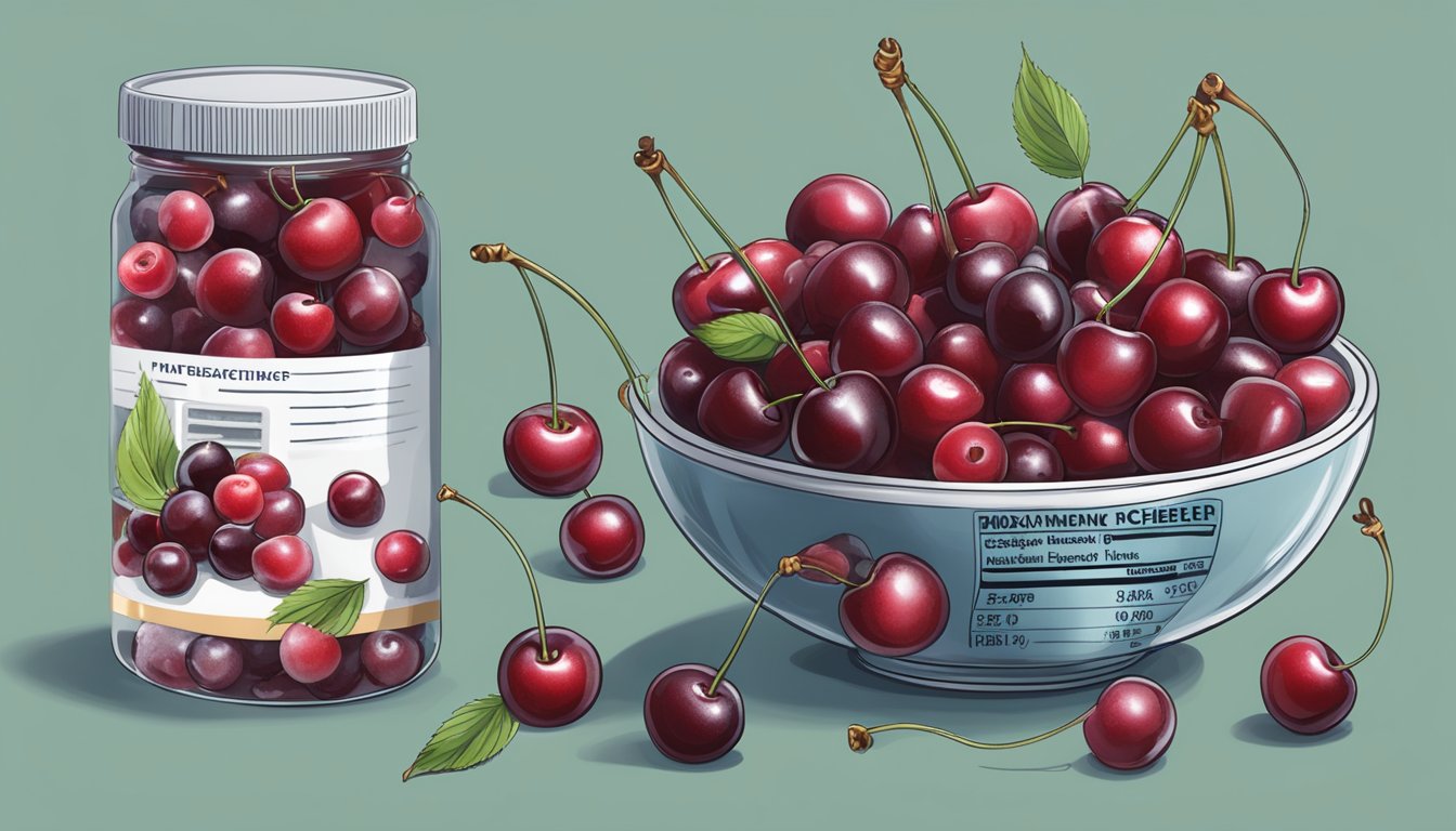 A bowl of frozen and fresh cherries side by side, with a nutrition label and various recipe ingredients scattered around