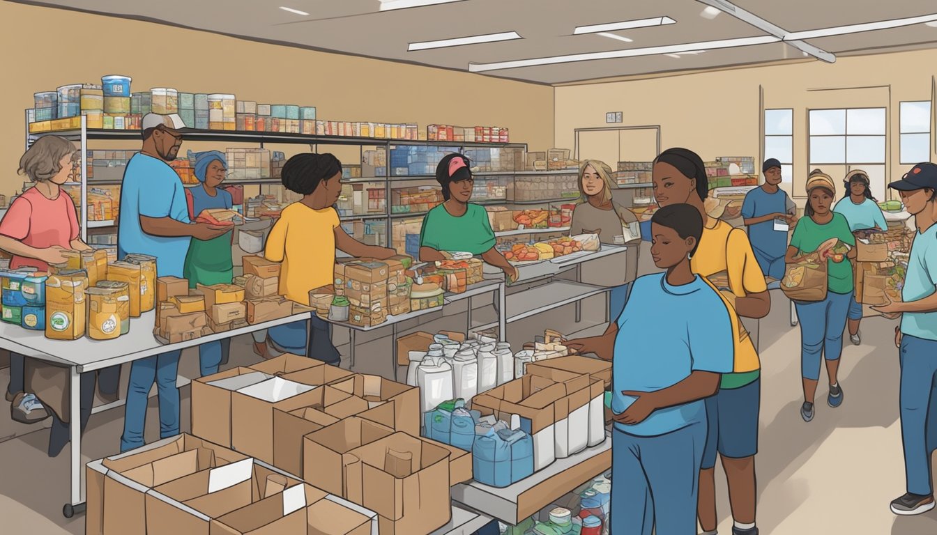 A bustling food pantry in Clay County, Texas, with volunteers distributing free groceries to those in need