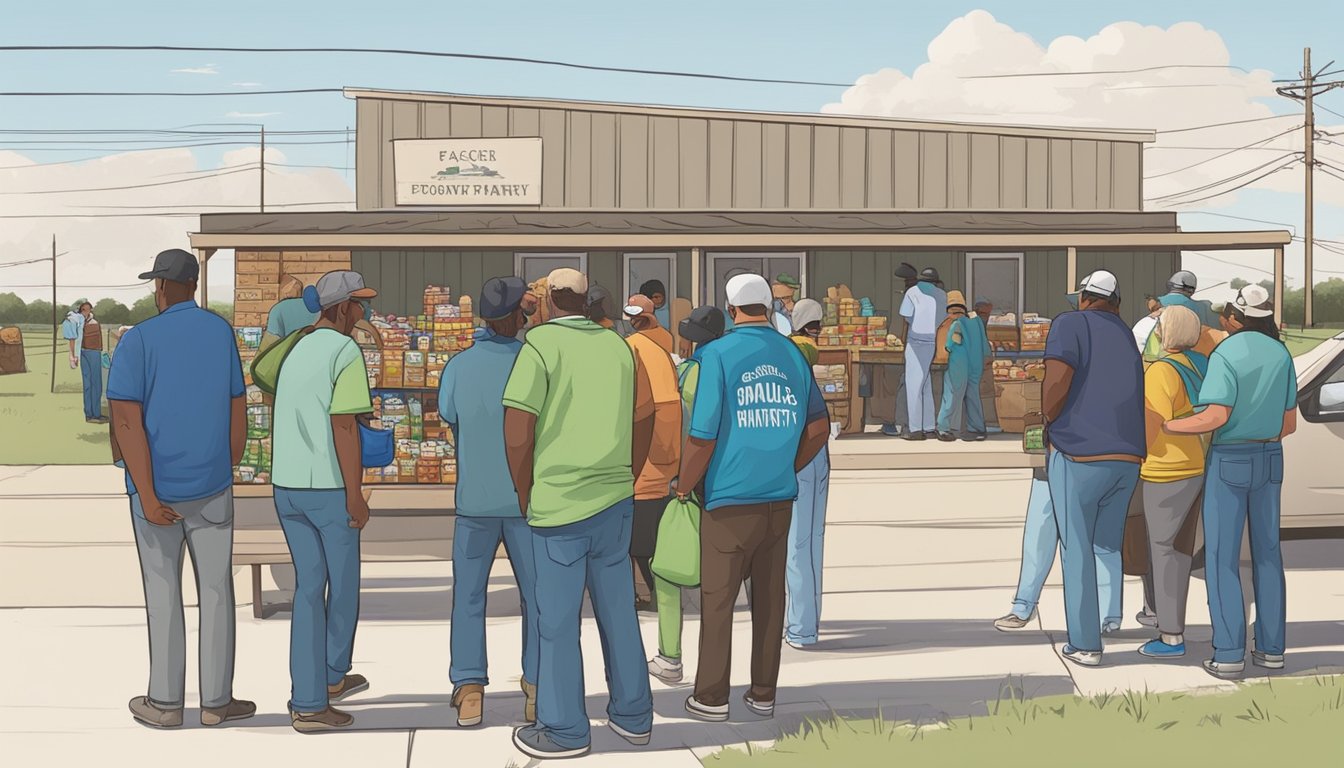 A line of people waits outside a food pantry in Briscoe County, Texas. Volunteers hand out free groceries to those in need