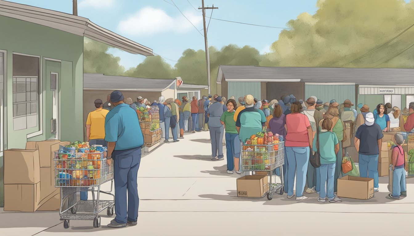 A line of people waits outside a food pantry in Clay County, Texas. Volunteers hand out free groceries to those in need