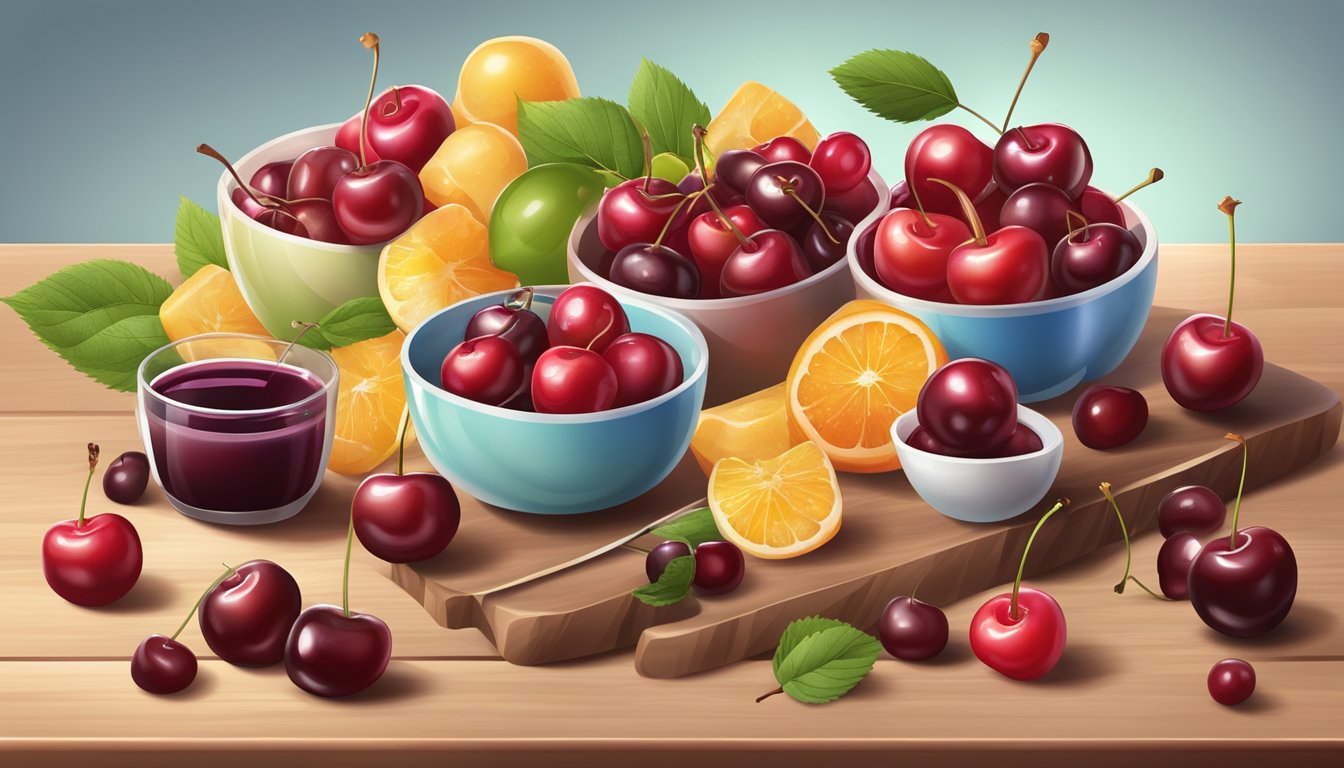 A colorful array of fresh and frozen cherries arranged on a wooden cutting board, surrounded by various dessert and beverage ingredients