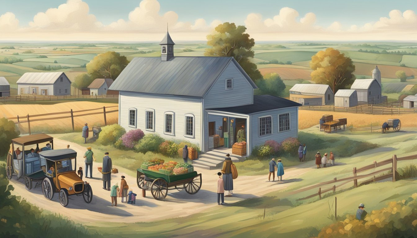 A rural landscape with a small town surrounded by fields and farms. A line of people waits outside a modest building marked "Free Groceries and Food Pantries."