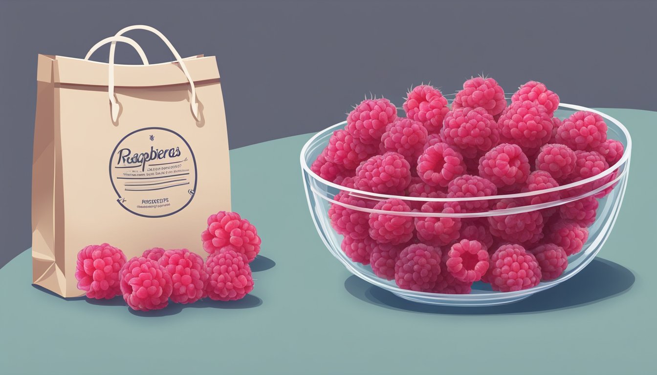 A bowl of fresh raspberries sits next to a bag of frozen raspberries, showcasing the comparison between the two types of berries