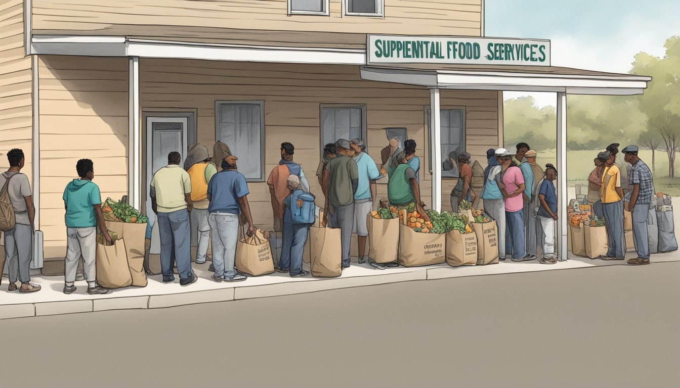 A line of people wait outside a small building, where volunteers hand out bags of groceries and canned goods. Nearby, a sign reads "Supplemental Food Services - Briscoe County, Texas."