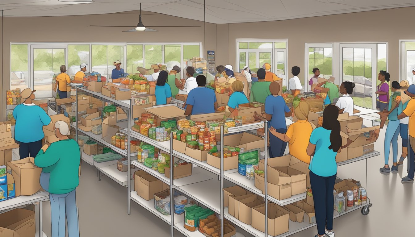 A bustling food pantry in Clay County, Texas, with volunteers distributing free groceries and educational resources to those in need