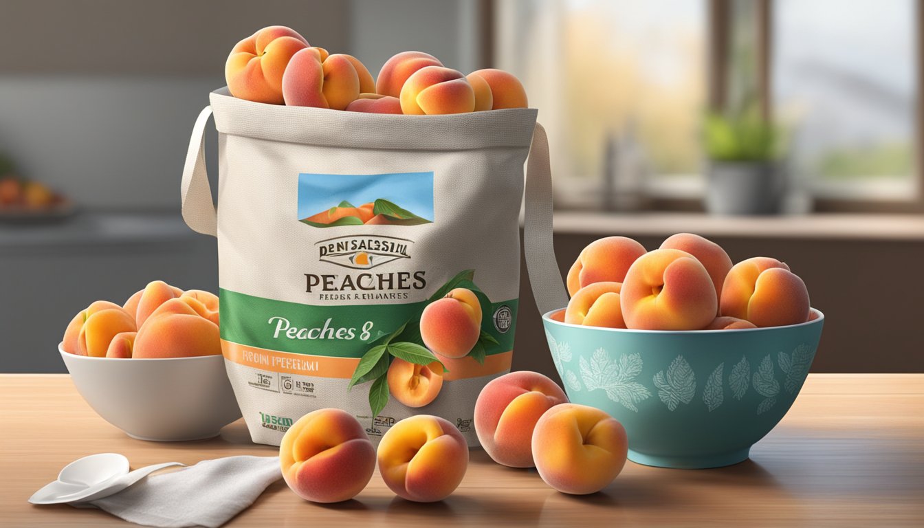 A bag of frozen peaches sits next to a bowl of fresh peaches, showcasing their convenience and versatility. The frozen peaches glisten with frost, while the fresh peaches are vibrant and juicy