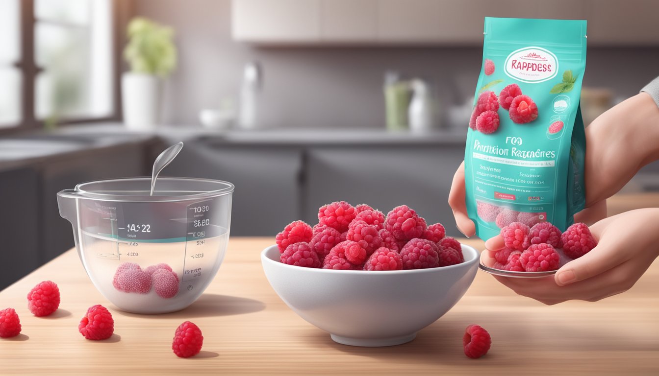 A hand reaching for a bowl of fresh raspberries beside a bag of frozen raspberries, with a measuring cup and nutrition information in the background