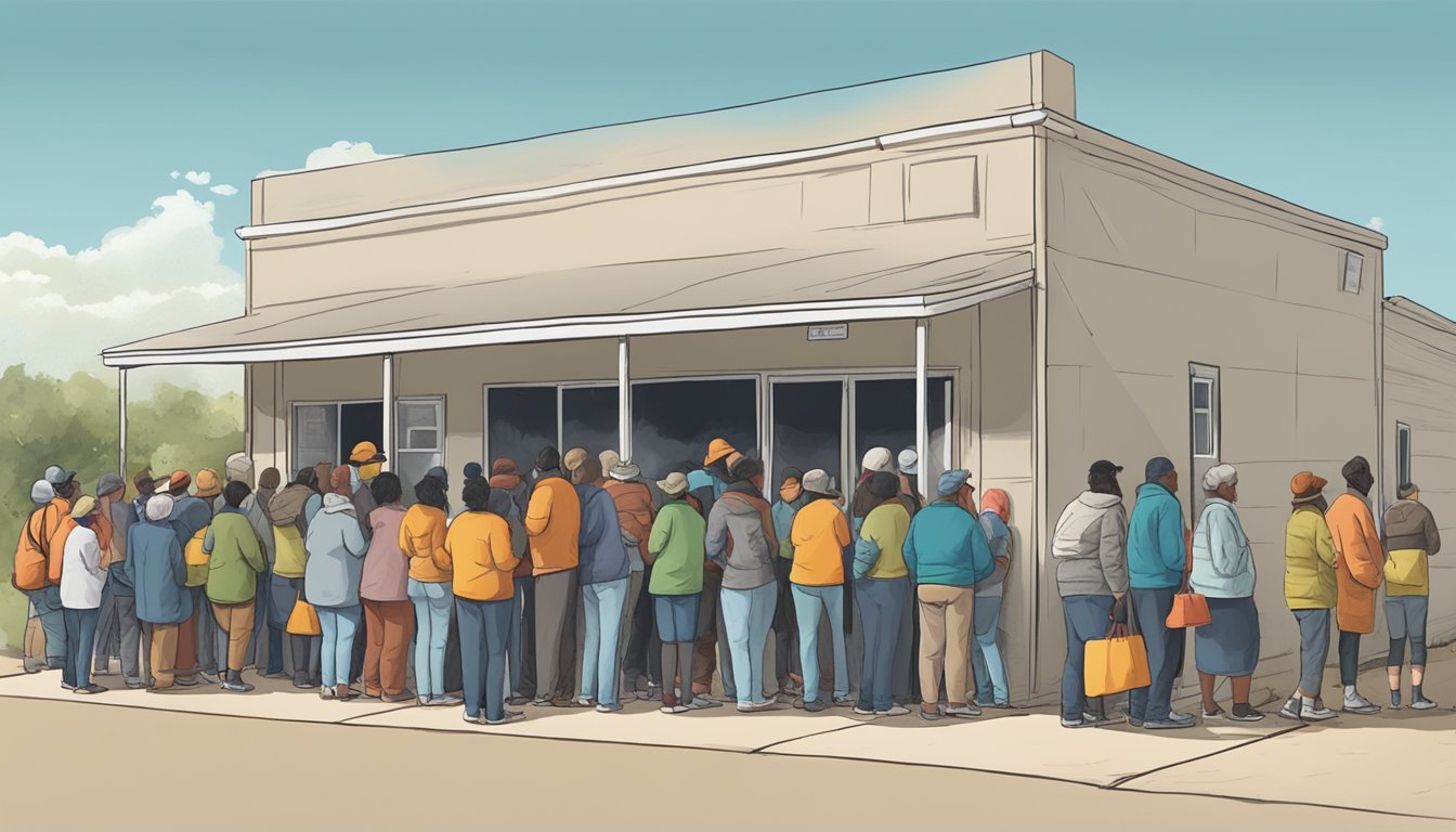 A line of people wait outside a small building, where volunteers distribute free groceries and food to those in need in Briscoe County, Texas