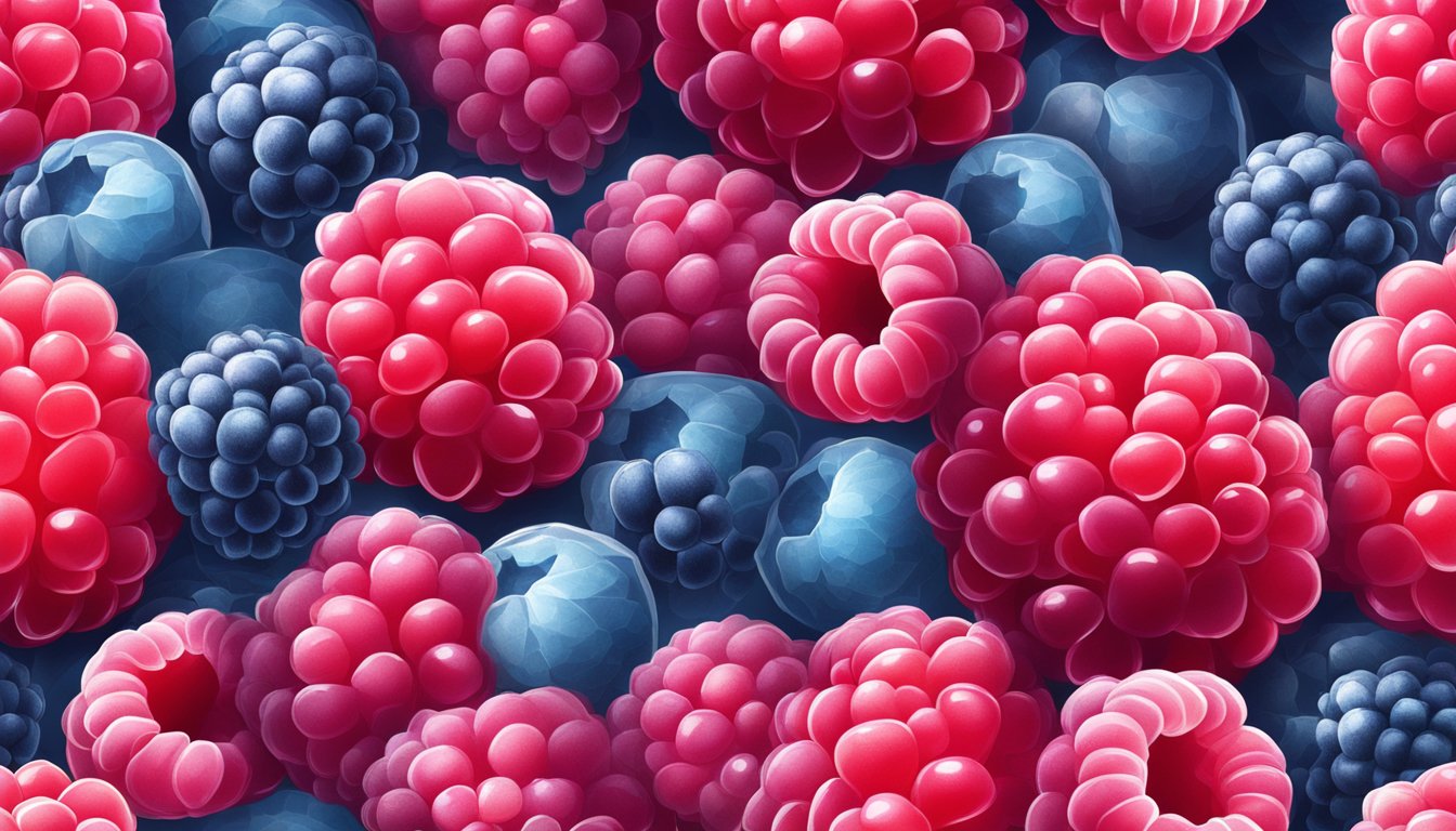 A colorful display of frozen and fresh raspberries side by side, with vibrant red hues and glistening textures