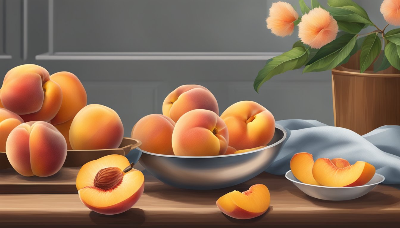 A table with a bowl of fresh peaches on one side and a bag of frozen peaches on the other, with a knife and cutting board in between