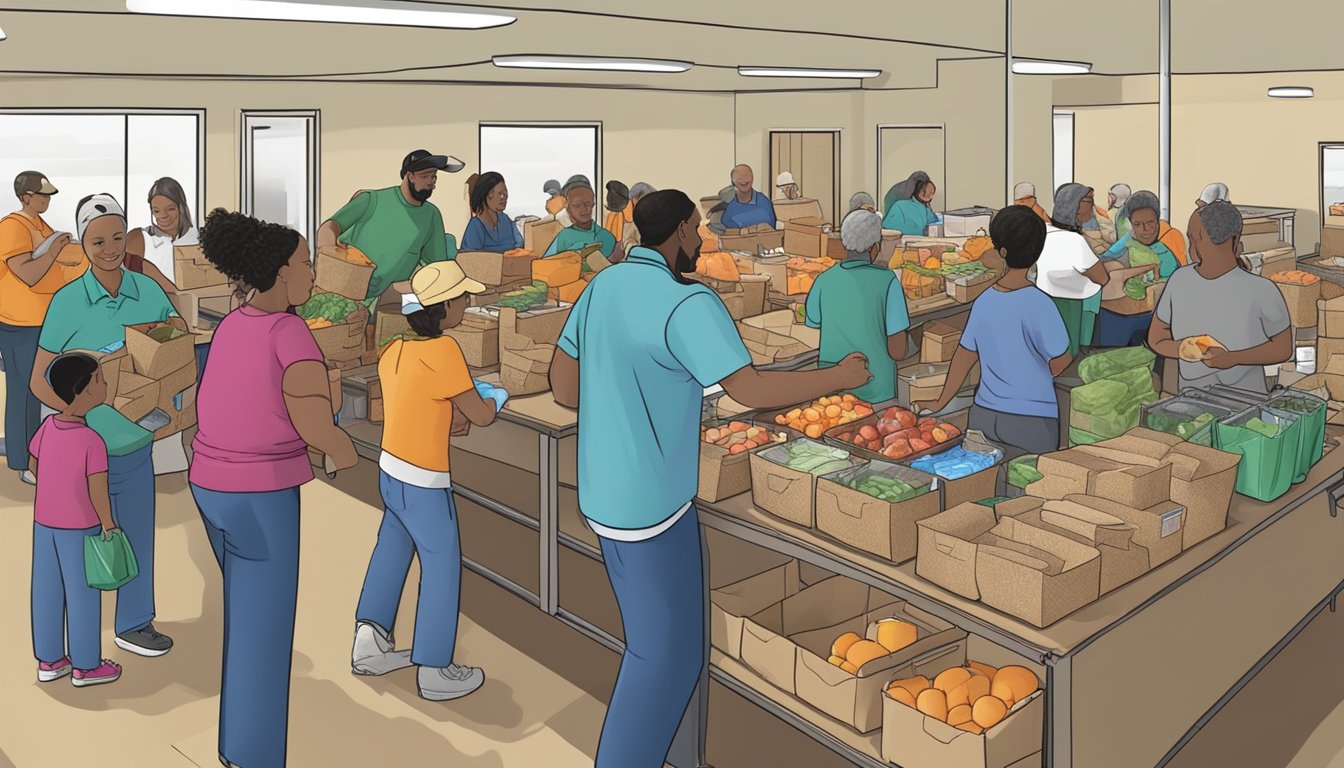 A bustling food pantry in Briscoe County, Texas, with volunteers distributing free groceries to those in need